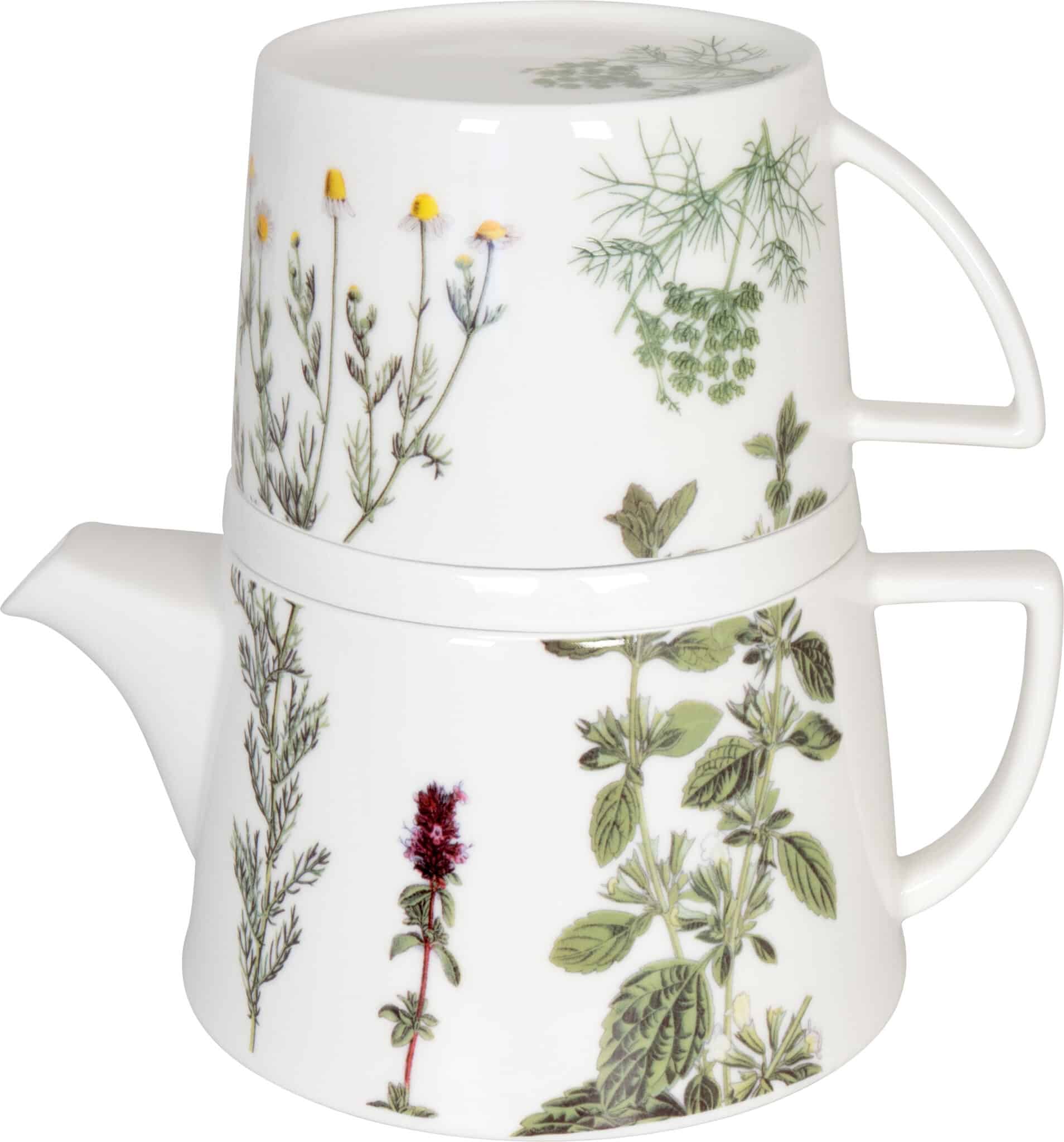Théière, tasse et couvercle empilable avec dessins de plantes