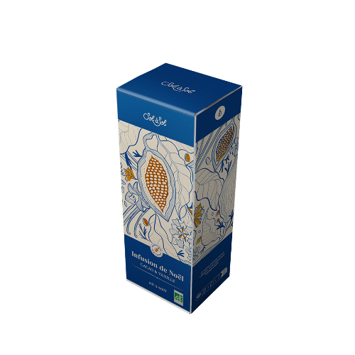 Boîte en carton bleu et doré de 70g de tisane de cacao de Noël