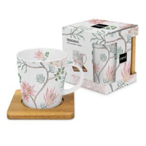 Tasse décor floral et coupelle en bois