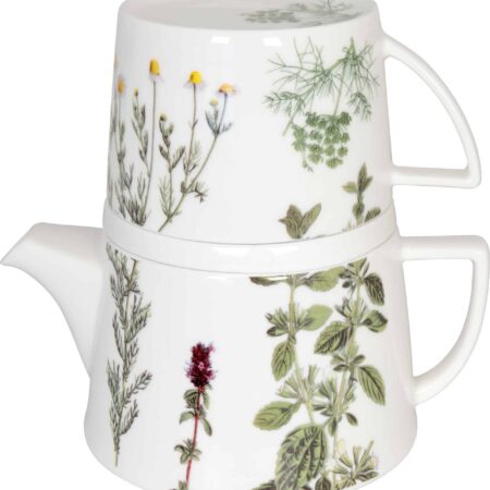 Théière, tasse et couvercle empilable avec dessins de plantes
