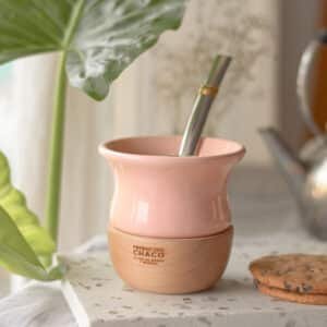 Set à maté en céramique rose et base en bois avec pipette inox Sol à Sol