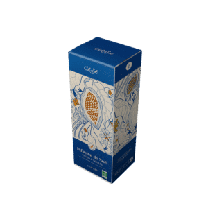 Boîte en carton bleu et doré de 70g de tisane de cacao de Noël