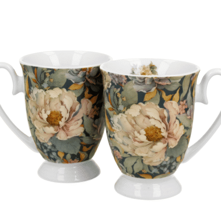 2 tasses avec anse intérieur blanc avec une pivoine et extérieur fond de feuilles vertes et pivoines en porcelaine