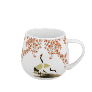 mug en forme de tonneau avec anse ornée d'un motif de grues japonaises qui relèvent la tête vers des cerisiers