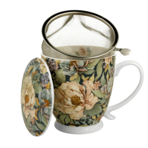 mug sur socle avec anse, infuseur et couvercle au décor de pivoines bleues et beiges