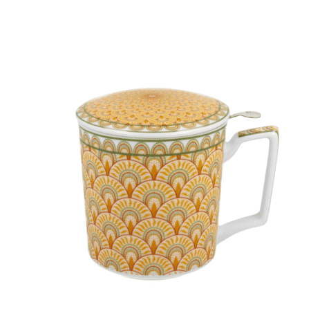 grand mug avec anse, passoire et couvercle décorée motifs en mosaique en forme d'arc avec des points bordeaux et or répétés