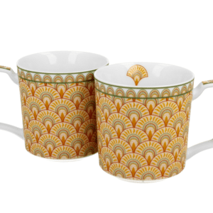 2 tasses avec anse, intérieur blanc crème ornée d'un motif œil de paon, caractérisé par un dessin complexe composé d'arcs et de points bordeaux et or répétés